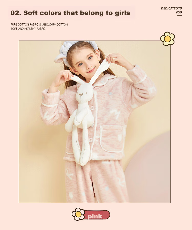 LangSha Children's Pajamas for Girls, Winter Fleece-Lined Thick Flannel Loungewear Set, Warm Sleepwear for Toddlers And Young Girls 3