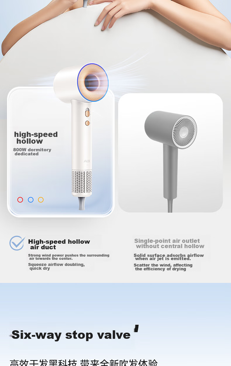 AUX High-Speed Hair Dryer, 800W, Low Power for Dormitory Use, Essential for College Students, Hair Protection with Negative Ions, 1200W Or Less, Bladeless, Powerful Airflow, Quick-Drying Electric Hair Dryer 5