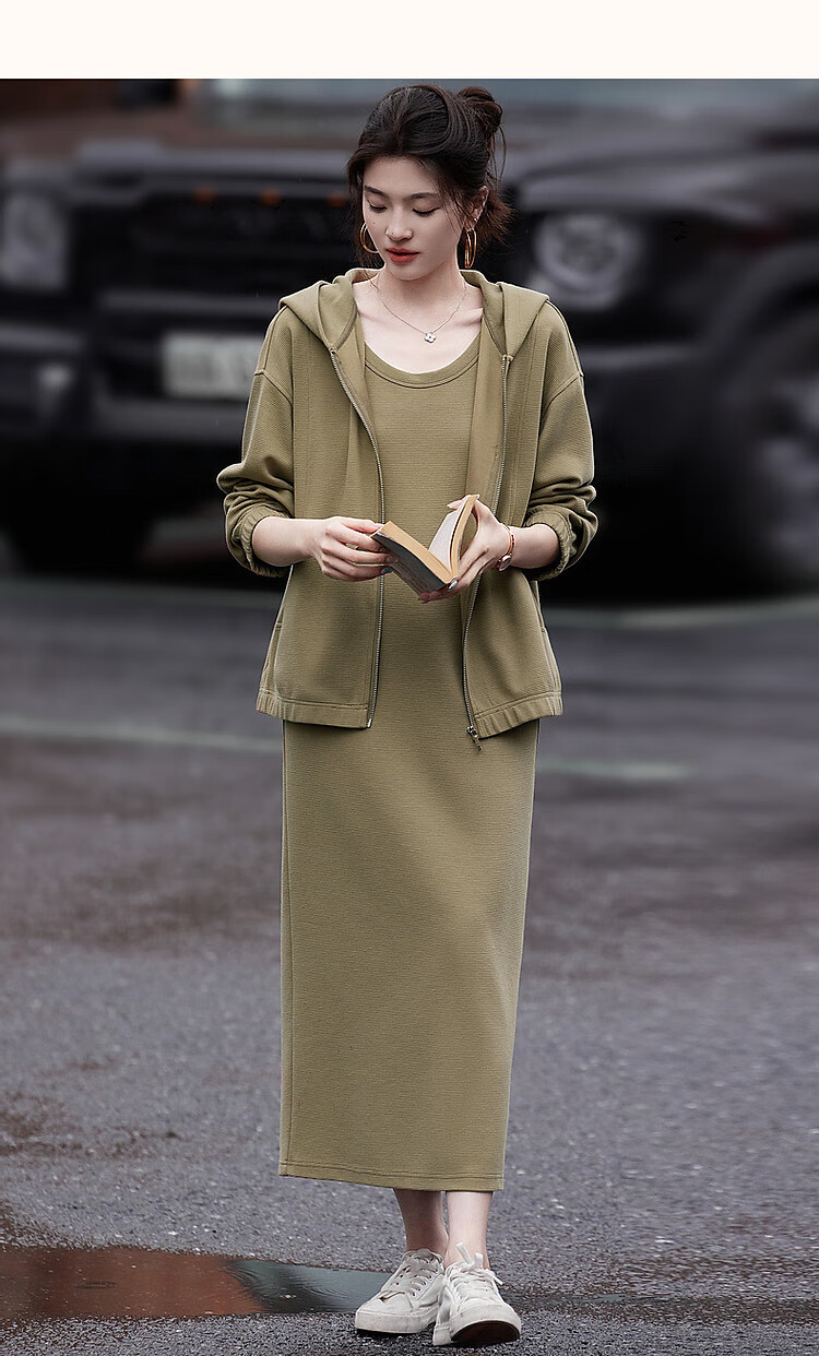 Dme [Laoqian Lazy Knit Set], Autumn Loose Shoulder Relaxed Top U-Neck Vest Dress Two-Piece Set for Wome 18
