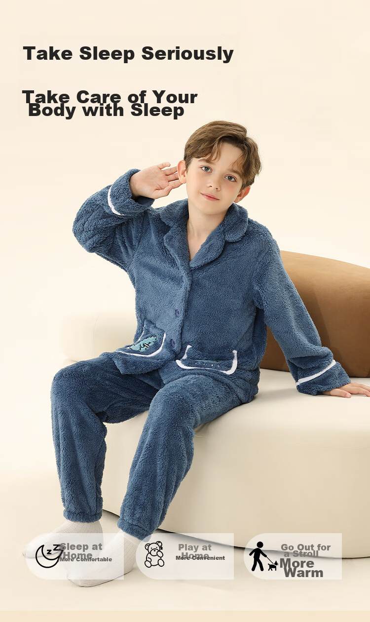 LangSha Children's Pajamas for Boys, Autumn And Winter Thickened Sleepwear for Older Children, Teenagers And Toddlers, Flannel Lapel Home Wear, Warm Set 6
