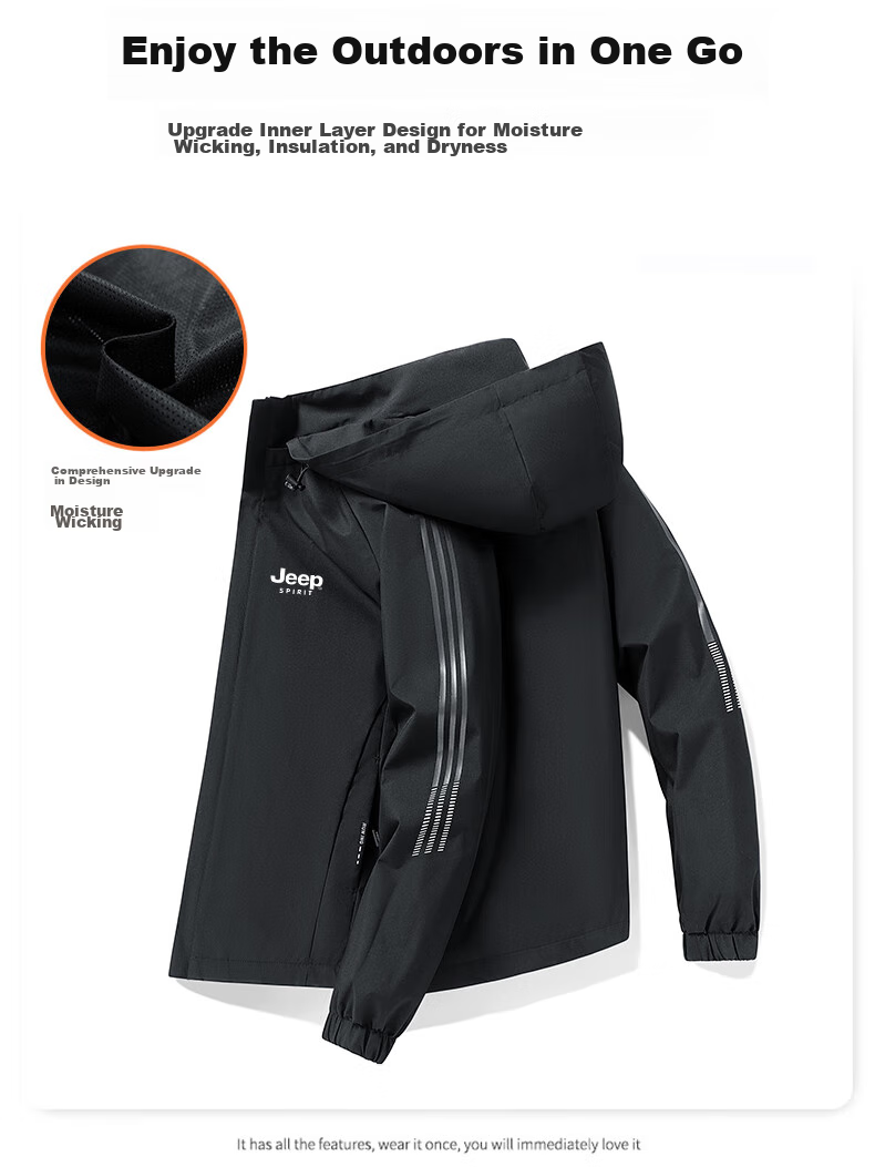 JEEP SPIRIT Men's Jacket, Spring And Autumn Outerwear, Casual Versatile Trendy Hooded Outdoor Menswear, Black, Size L 9