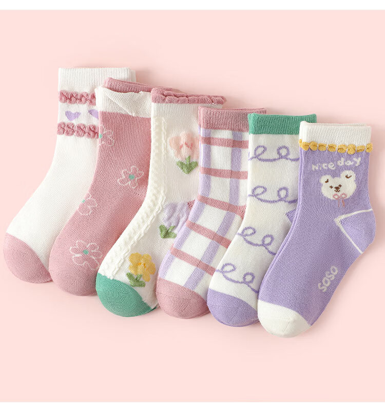 Bingxuemumian Children's Socks, Girls' Mid-Calf Cotton Socks for Spring, Autumn And Winter, 6 Pairs, Breathable, Suitable for Small to Big Kids, Versatile Lace Short Socks for Students 16