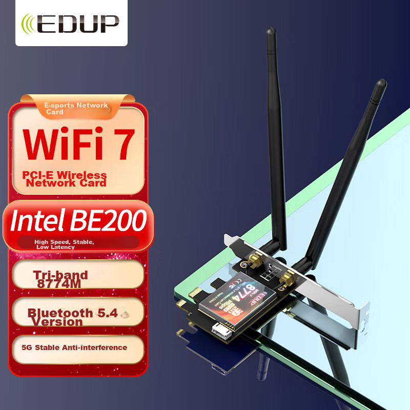 EDUP BE200 Gigabit Gaming WiFi 7 Wireless Network Card, 8774M Tri-Band Desktop Computer Internal PCIE Interface, Wireless Bluetooth 5.4 WiFi Receiver-BE9715