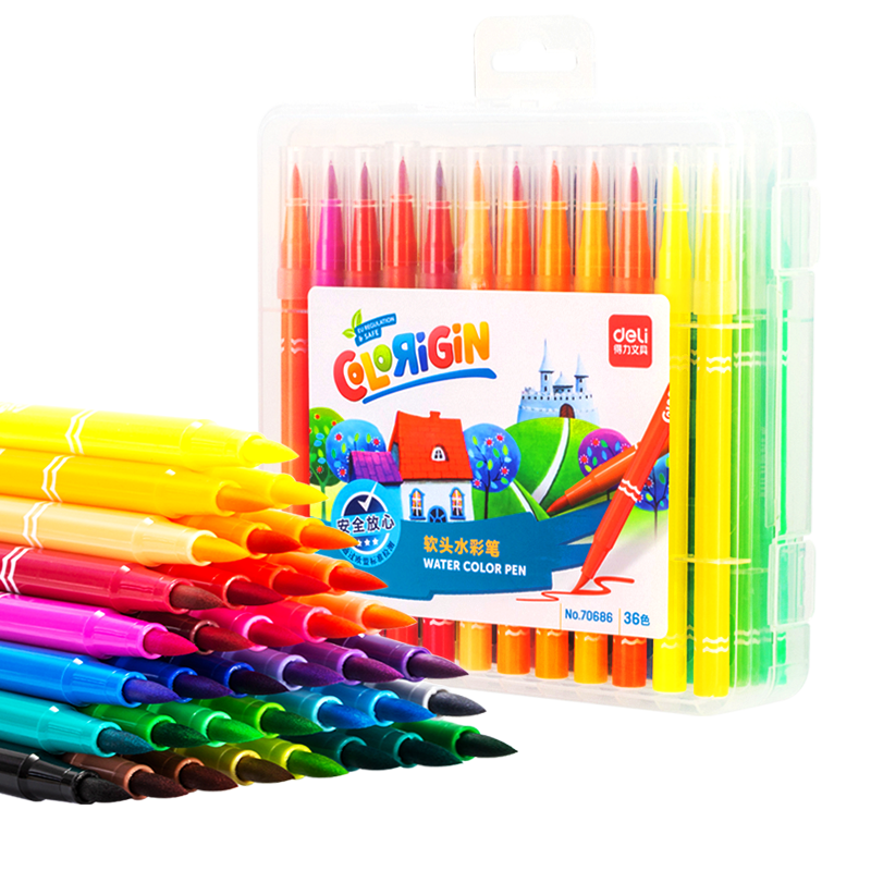 Deli 36-Color Soft-Tip Watercolor Pens, Outlining Pens, Marking Pens, Fine Water-Based Pens, Multi-Color Pens, Marking Pens for Students, Design And Drawing Set, Watercolor Pens, Graduation Gift