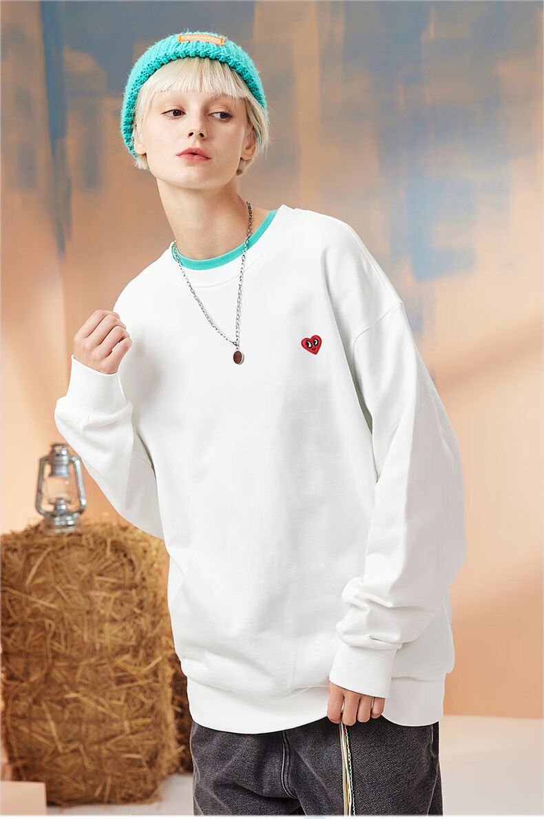 Chaersitaoxin [Bailu & Wang Churan Same Style], Pure Cotton Embroidered Crewneck Sweatshirt, Unisex Couple Style Base Layer, Light Khaki XL 1