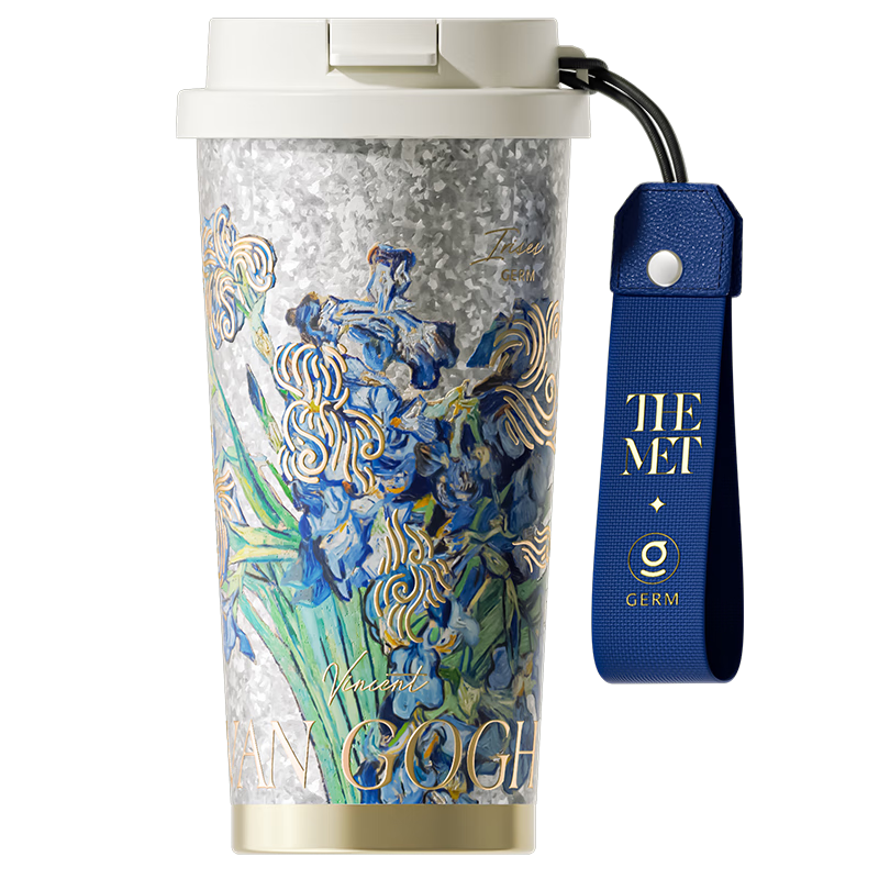 Germ Pure Titanium Insulated Mug, Women's Van Gogh Co-Branded Dual-Drinking Straw Coffee Water Cup, Mid-Autumn Festival Gift, Titanium Cup 500ML Iris