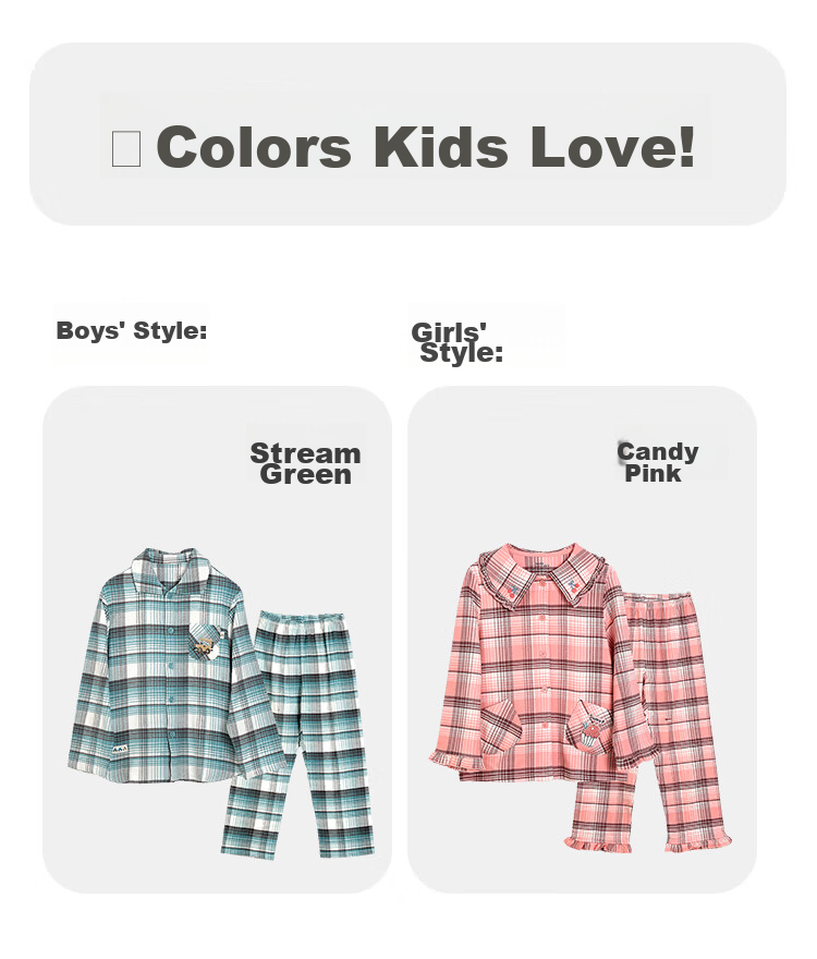 Hodohome Boys' Plaid Cotton Pajamas Set, Brushed Collar Lapel Cardigan Long Sleeve Sleepwear 501 140 12