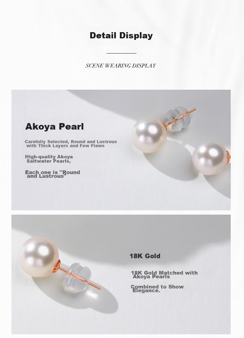 Tahiti 18K Gold Akoya Pearl Stud Earrings 8-8.5mm Round Mirror Luster Saltwater Pearl Jewelry New Year Gift 8