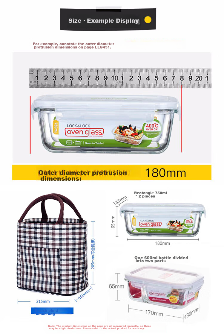 LOCK&LOCK Heat-Resistant Glass Food Storage Container Set, Microwave-Safe Lunch Box, Sealed Bento Box, Meal Container, 750ml*2 + 600 Divider + Bag 7