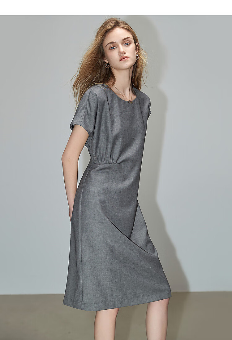 Dme Elegant Large Women's Summer Round Neck Waist-Cinching Urban Asymmetric Pleated Lightweight Commuter Short-Sleeve Dress for Wome 2