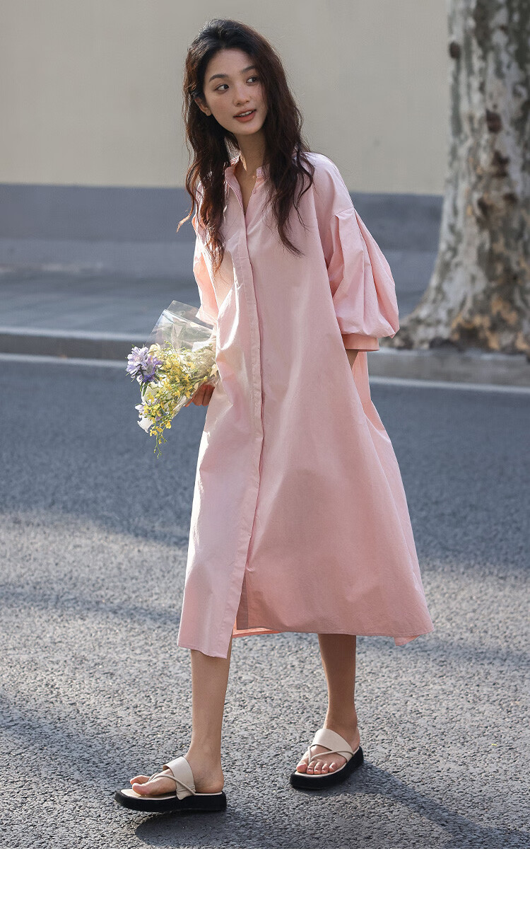 Dme [Pink Mid-Sleeve Dress], Summer Style, Soft Pink Round Neck, Puff Sleeves, Long Dress for Wome 9