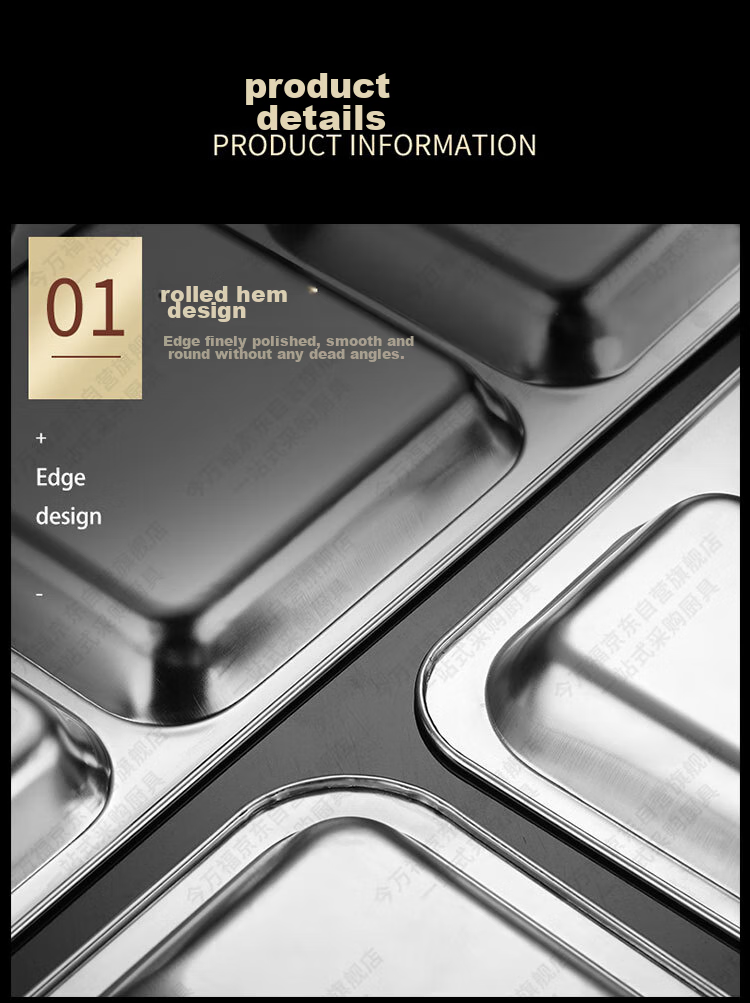 Jinwanfu Stainless Steel Divided Plate, School Canteen Dining Tray, 304 Stainless Steel Compartment Plate, 1.0mm Thick, 450g, Large Six Compartments 20