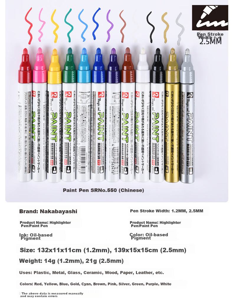 Nakabayashi Chulin Paint Marker, Highlighter Pen, Industrial Touch-Up Pen, 1.2mm Quick-Drying Graffiti Pen, Waterproof Non-Fading Oil-Based Marker, White Single Pen, 1.2mm 3