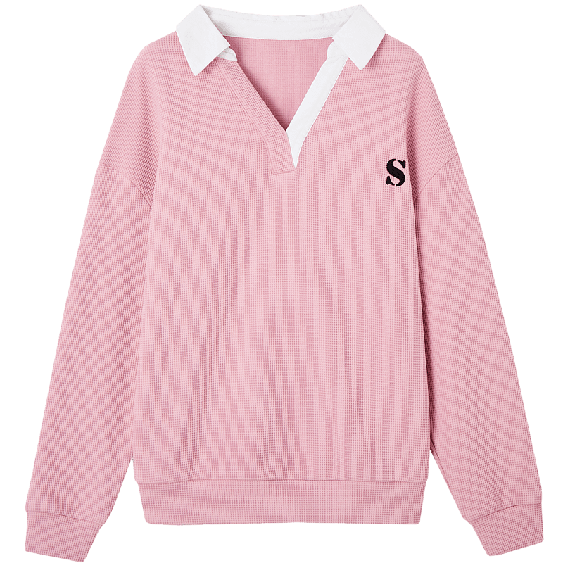Dme [Waffle Knit Patchwork Sweatshirt] Spring And Autumn Lapel Drop Shoulder Long Sleeve Slightly Stretchy Loose Sweatshirt for Women, Skin Pink, L