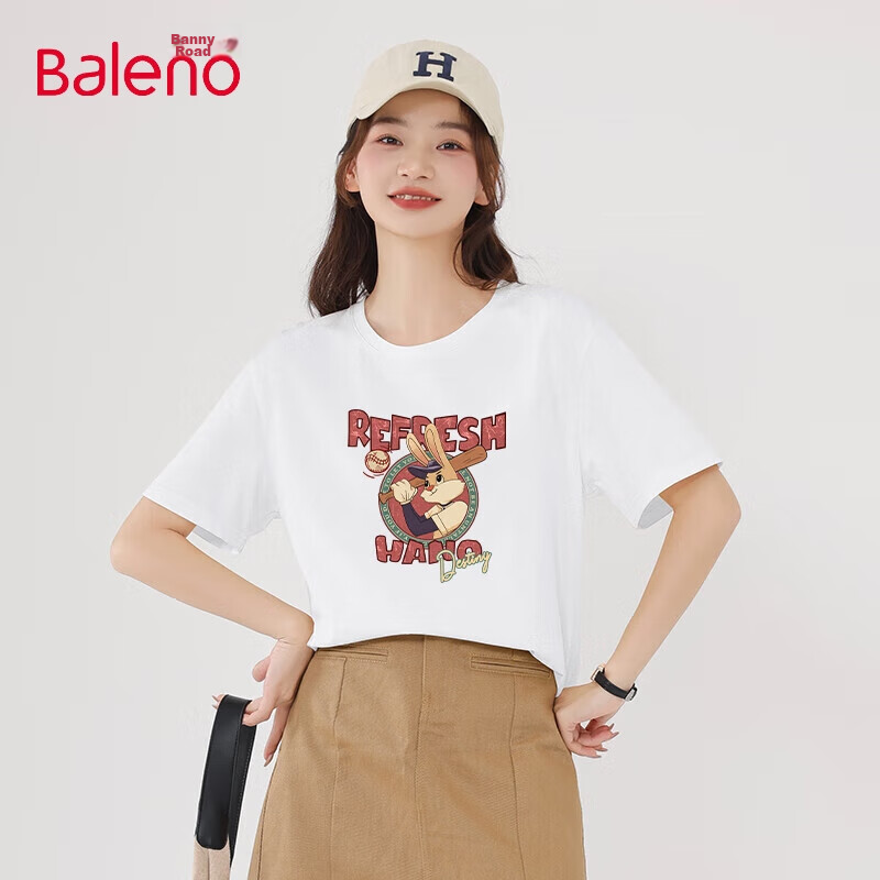 Baleno 100% Pure Cotton Loose Short-Sleeve T-Shirt for Women, 2026 Summer Casual Fashion Versatile College Style Outfit Top