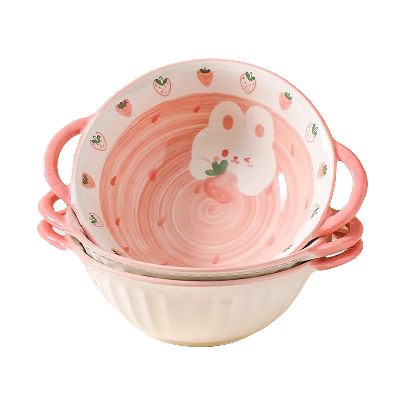 CERAMICS Cartoon Ceramic Double-Ear Soup Bowl, Home Use Soup Bowl, Noodle Bowl, Tableware, Strawberry Rabbit Soup Bowl + Spoo