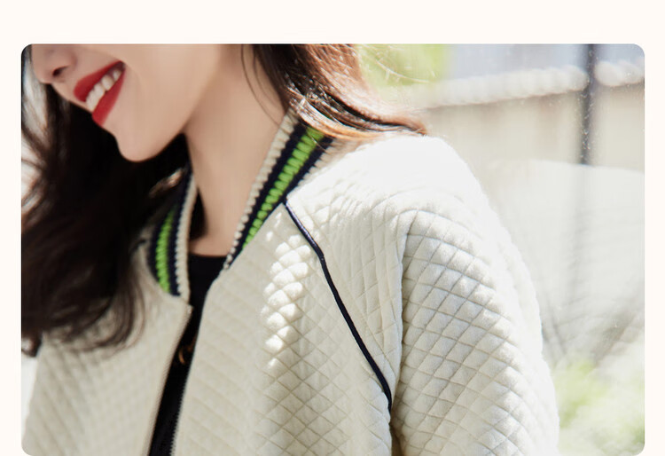 Dme Knitted Chanel-Style Spring And Autumn Baseball Collar Long-Sleeve Zipper Slightly Stretchy Quilted Jacket for Women, Short Style, Off-White, M 5