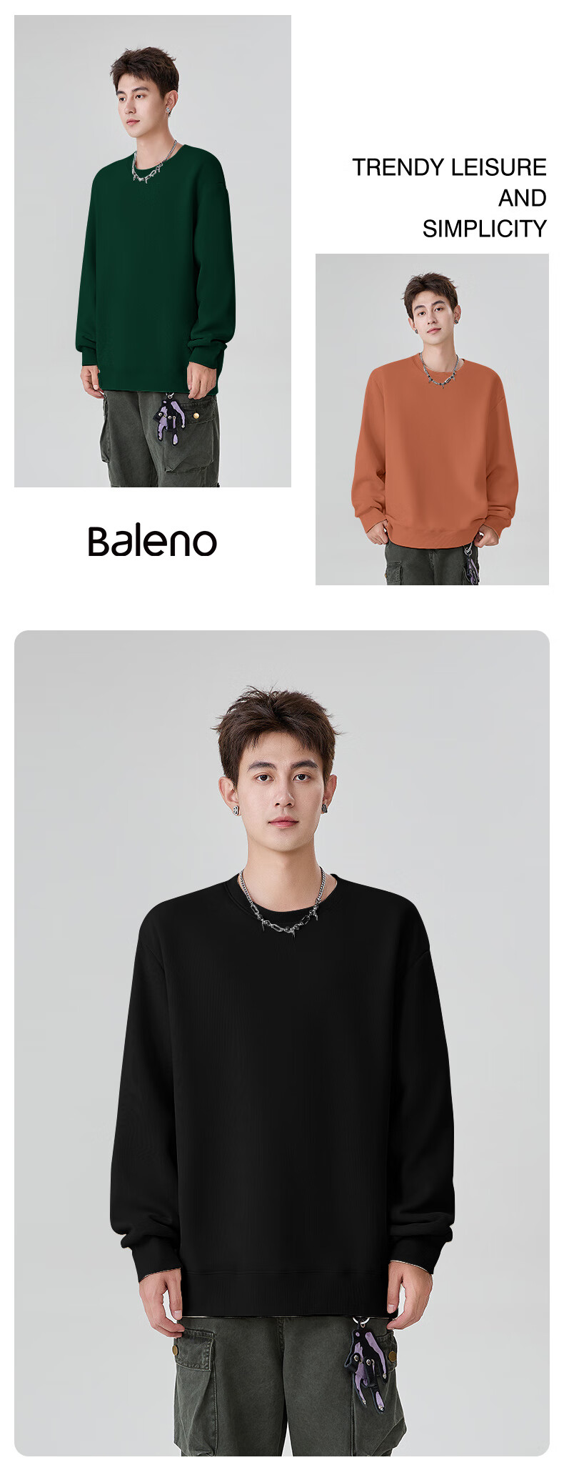 Baleno Sweatshirt for Men, Winter Trendy American Retro Round Neck Men's Jacket, Loose Thick Fleece-Lined Warm Youth Long-Sleeve 15