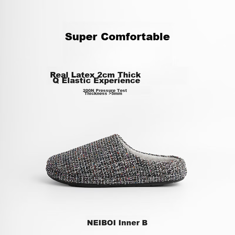 NEIBO [Super Comfortable] Latex Cotton Slippers, Women's Winter Indoor Home Shoes for Men, Soft Sole Non-Slip, Chanel-Style Black, Size 44