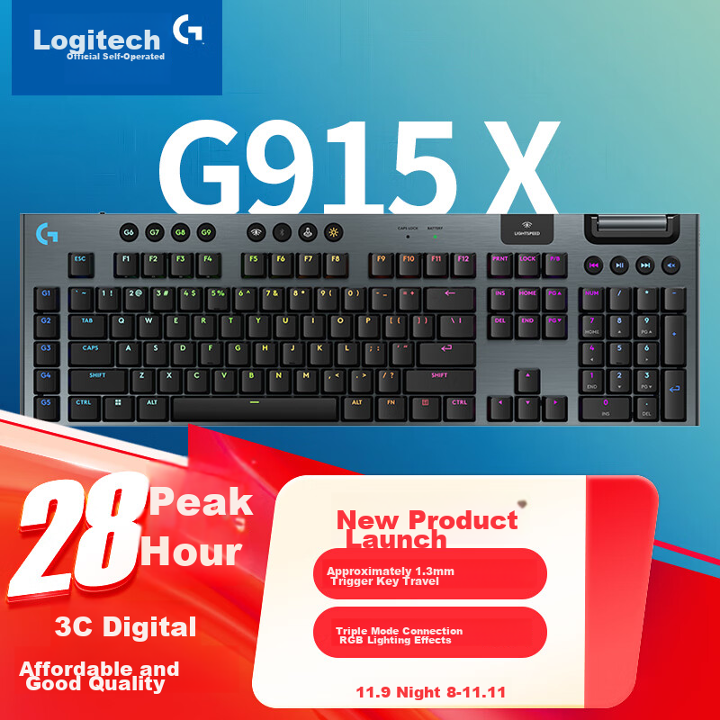 G G915 X LIGHTSPEED Low-Profile Gaming Keyboard (Black-L), Red Switches (Light And Responsive Feel)