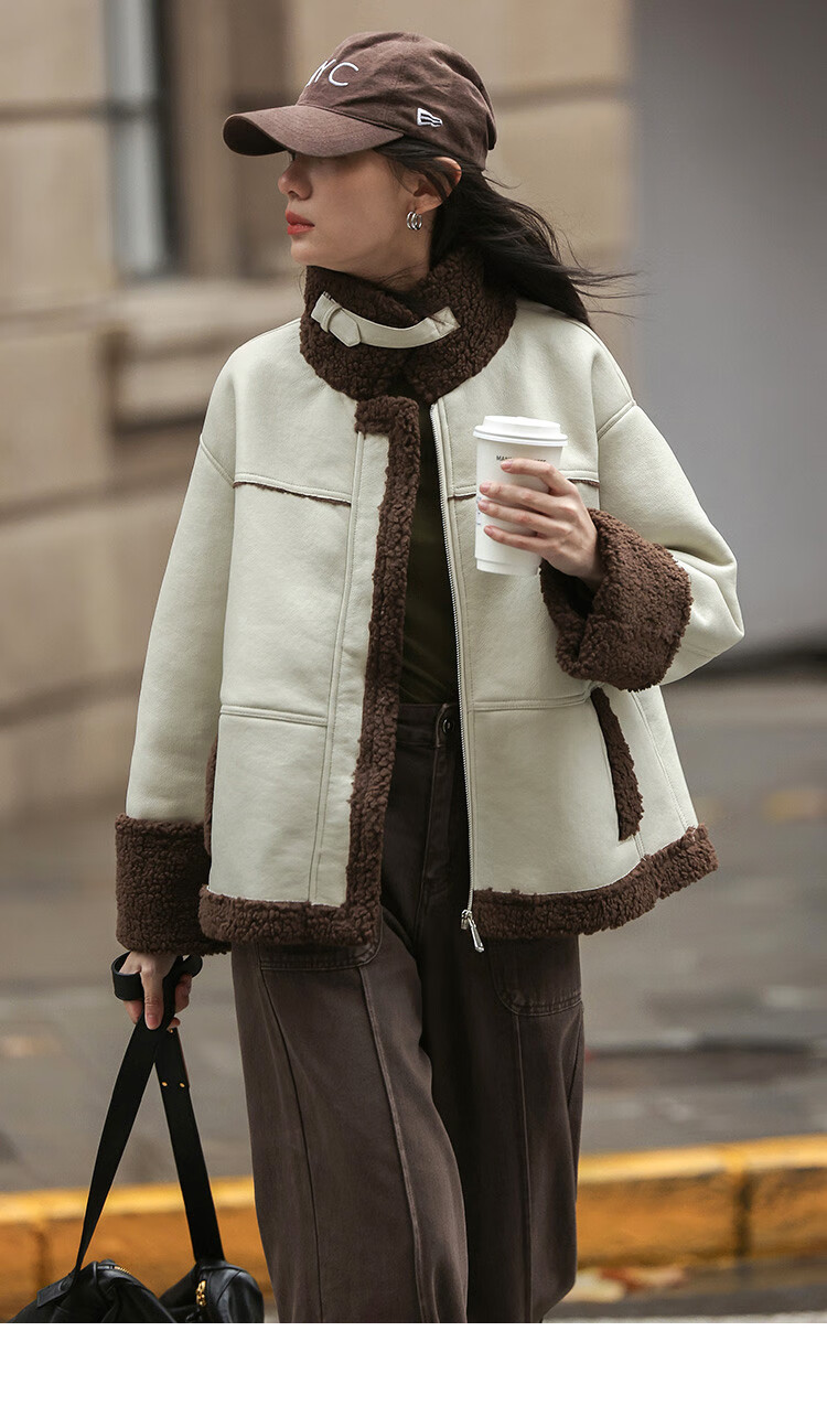 Demana Motorcycle Style Faux Shearling Winter PU Leather Patchwork Personalized Coffee Green Jacket Women Light Pea Green S 7