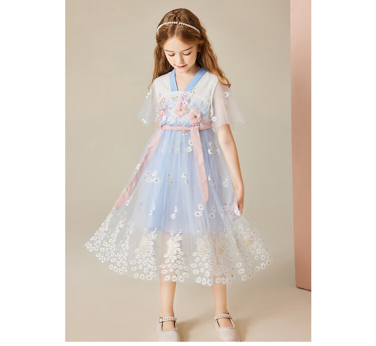 ASK JUNIOR Girls' Summer Dress, Vintage Hanfu Style for Older Children, Lightweight Short-Sleeve Mesh Princess Dress 10