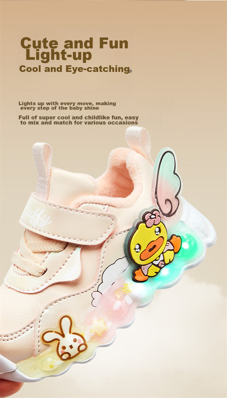 B.Duck Children's Shoes, Girls' Soft-Soled Sneakers, Light-Up Shoes with Flashing Lights, Spring And Autumn Season Bright-Light Shoes, White And Purple, Size 22 19