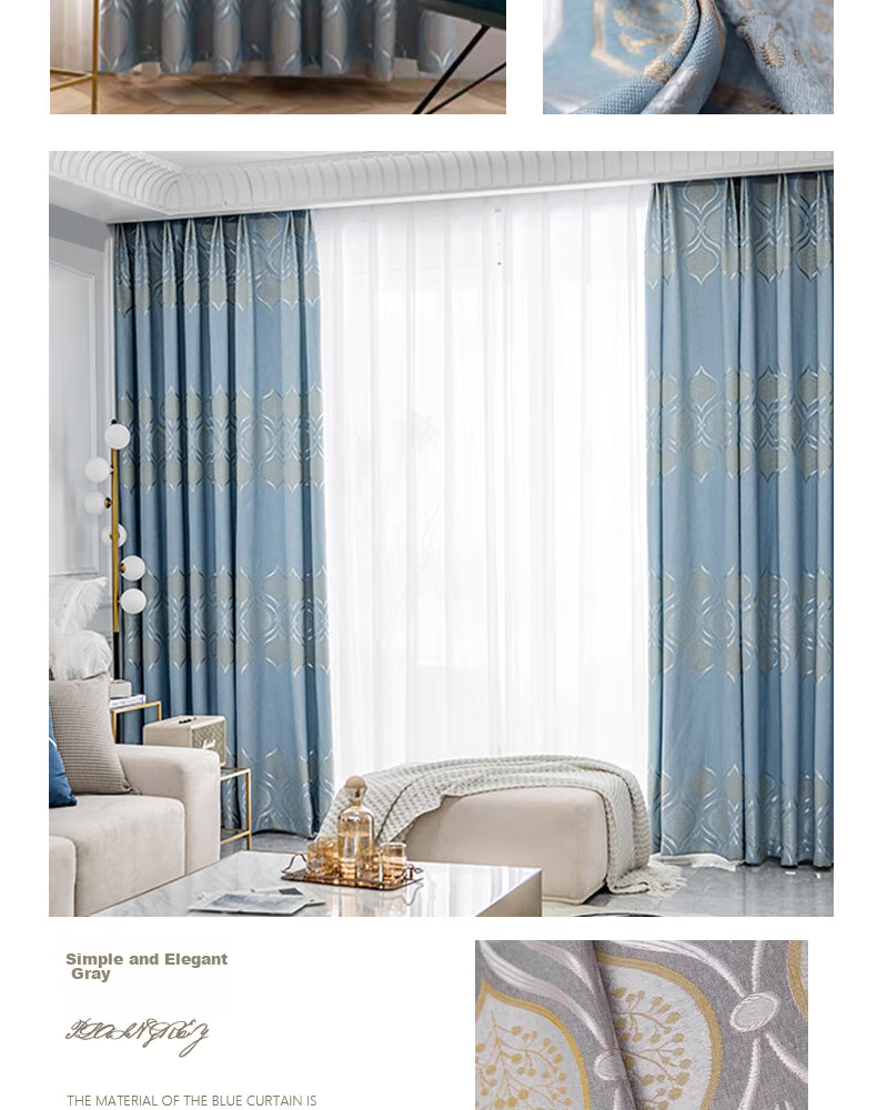 Ali Living Room Bedroom Blackout Curtains, Bamboo Cotton Jacquard Blue Hook Style, 2.0m Wide * 2.2m High Single Panel 13