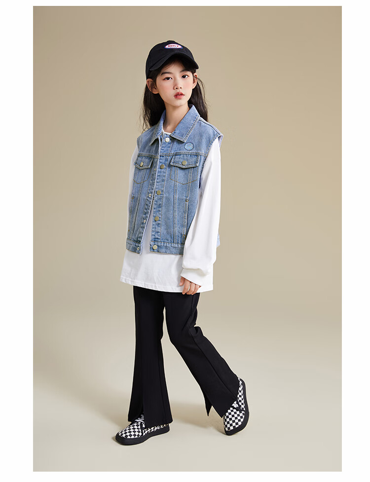 QQ DUCK Children's Denim Vest, Girls' Sleeveless Jacket, Youth Clothing, Classic Vest in Light Blue; Size 130 13