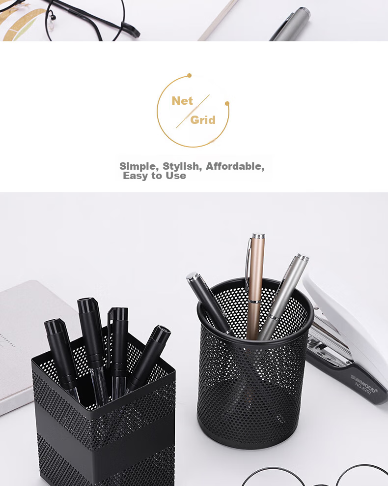 SUNWOOD Metal Mesh Series Round Pen Holder / Essential Student Stationery Storage Tube / Multifunctional Pen Holder, Black, 1202 2
