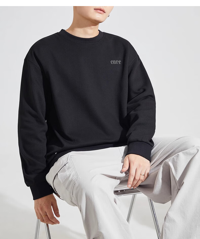Huili Men's Sweatshirt, 320g Heavy Cotton, Autumn Long-Sleeve T-Shirt, Trendy Inner Layer, Loose-Fitting Men's Top, Black, Size L 11