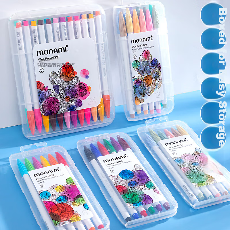 Monami New P3000 Fiber Pen, Water-Based Pen, Colored Gel Pen Set, Watercolor Pen, Outlining Pen, Journaling Pen, 24 Colors in Box, 04009Z24-R Watercolor Pe