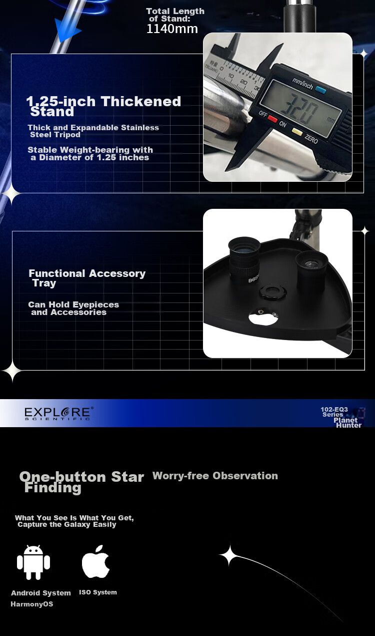 EXPLORE SCIENTIFIC Astronomical Telescope for Deep Space Stargazing, High Definition, High Magnification 10000x, Space Student Telescope 102eq 15