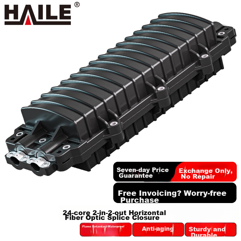 HAILE 2-In 2-Out Horizontal Optical Cable Joint Box, 24-Core Fusion Splicing Kit, Fiber Optic Splice Box, Termination Kit, Outdoor Waterproof, Overhead And Underground Type, Black HT-JX