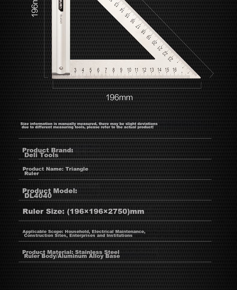 Deli Stainless Steel Right Angle Ruler, Triangular Ruler, Measuring Ruler for Steel Plates, Thickened 45-Degree Steel Plate Ruler, 200mm 12