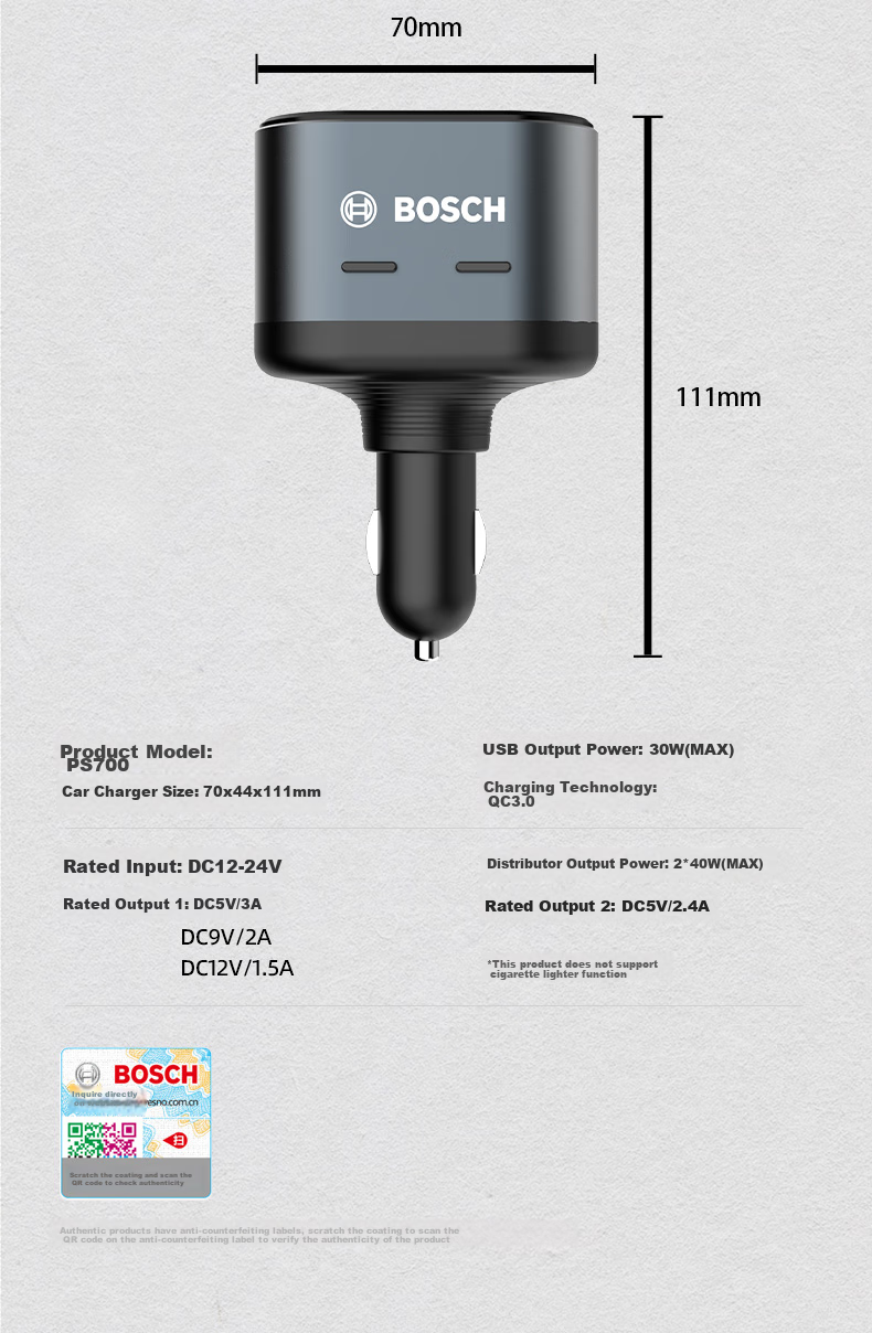 BOSCH PS700 Car Charger, Multi-Functional Car Cigarette Lighter Adapter, USB Car Charger with Fast Charging Functio 15