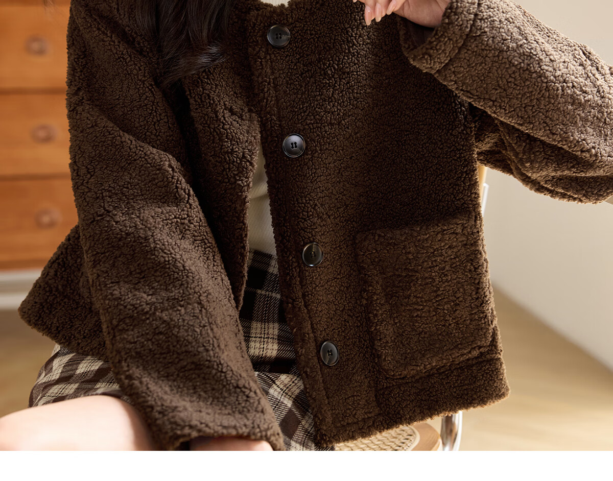 PinCai Women's Short Coat Lamb Wool Thickened Small Fragrance Style Petite High-End Short Jacket P144F6002 16