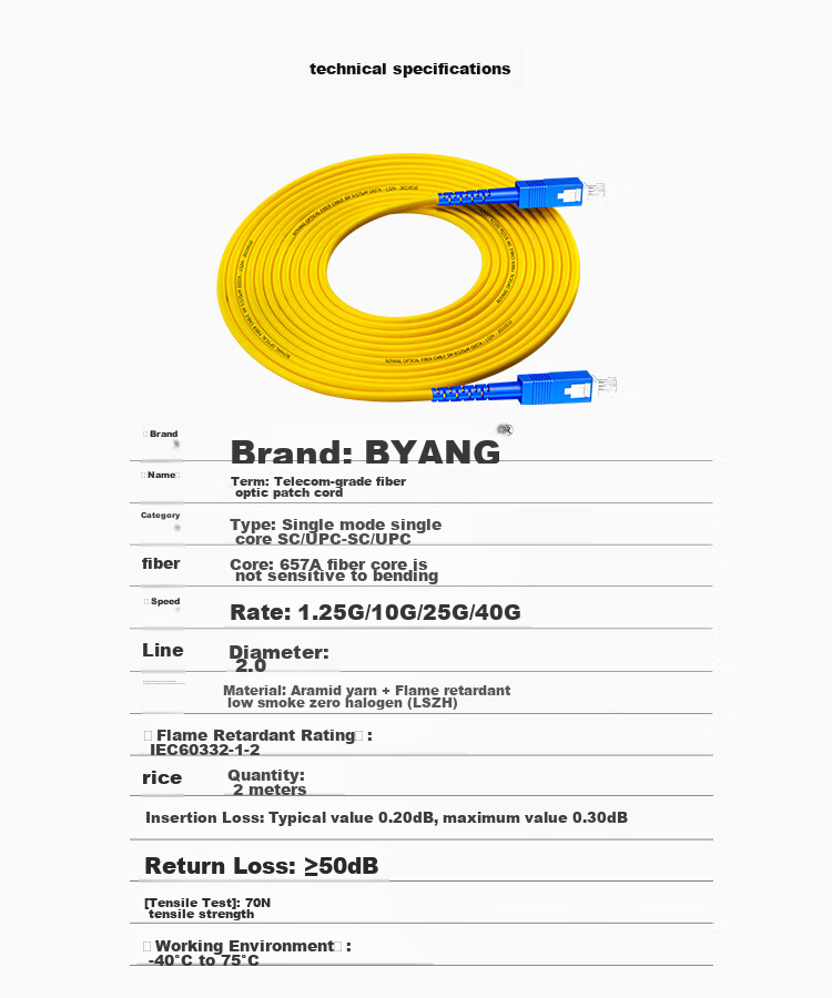 BOYANG Telecom-Grade Fiber Optic Patch Cable SC-SC(UPC), 2 Meters, Single-Mode Single-Core, Φ2.0 Flame-Retardant Low-Smoke Zero-Halogen Fiber Optic Cable, Pigtail Fiber Optic Cable Sc-Sc BY-201S 9