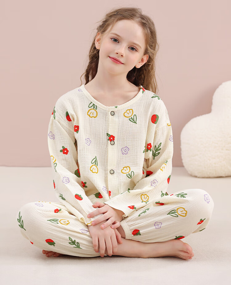 LangSha Children's Pajamas for Girls, Summer Pure Cotton Gauze Sleepwear for Older Children And Teenagers, Home Wear Set with Long Sleeves, Suitable for Outdoor Wear 6