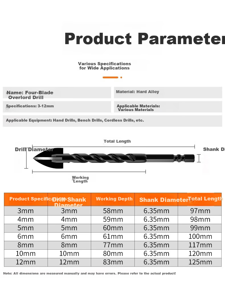 HUHAO Four-Blade Cross-Shaped Ceramic Tile Drill Bit for Concrete And Cement Walls, Electric Hand Drill Hole Cutter Alloy Triangular Drill 6+8mm 7