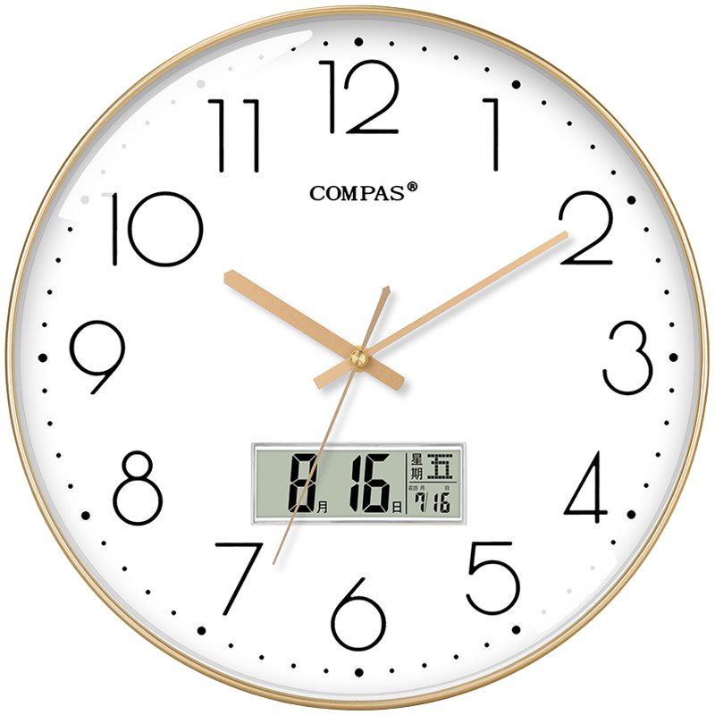 Compas Wall Clock, Living Room Clock, Quartz Clock, Wall-Mounted Timepiece with Calendar, C3219AY Light Luxury Gold, 35cm