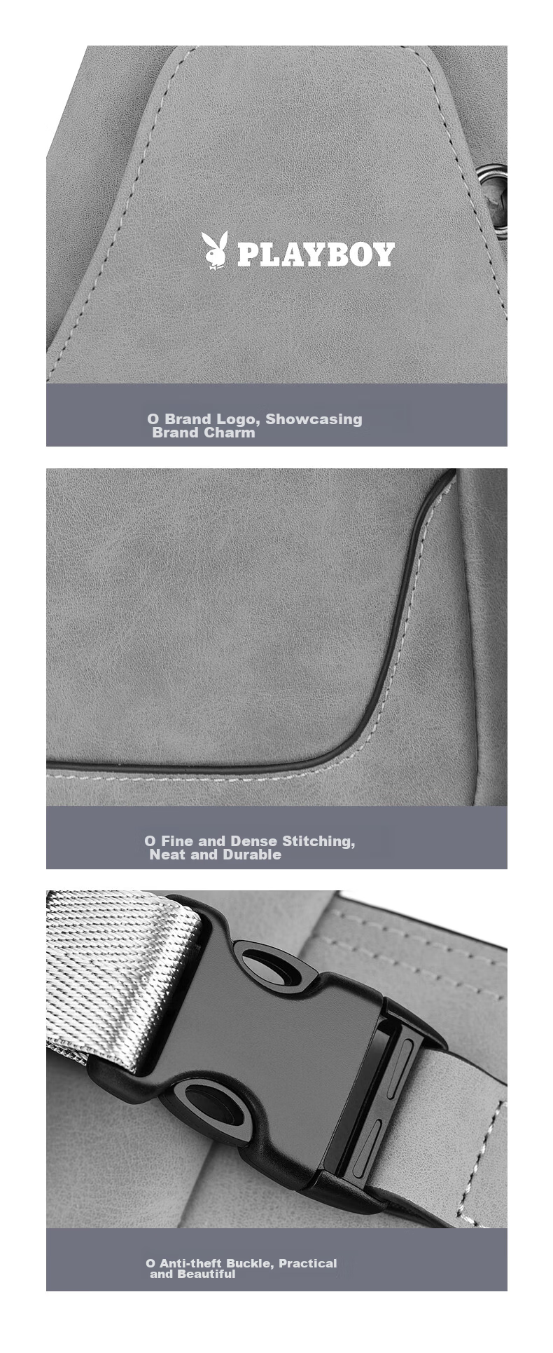 PLAYBOY Shoulder Crossbody Bag for Men, Large Capacity Multifunctional Chest Bag, Casual Backpack, Portable Travel Phone Bag, Gray 11