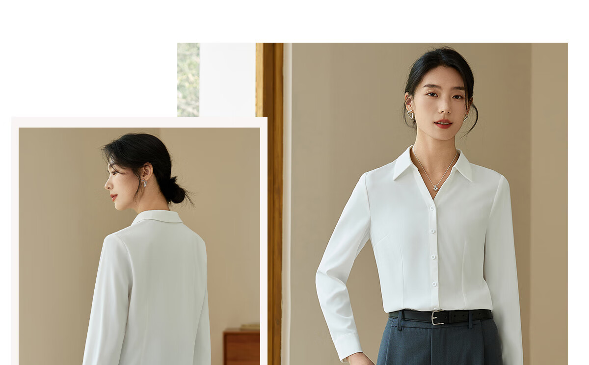Chushen Spring And Autumn Long-Sleeve Shirt for Women, V-Neck Collar, Casual Versatile Commuter Professional White Blouse S143C2049 M Size 16