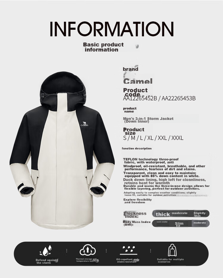 CAMEL Panda Series Three-In Waterproof Jacket for Women, Windproof, Water-Resistant, And Oil-Proof Color Block Coat AA1226a5452 26