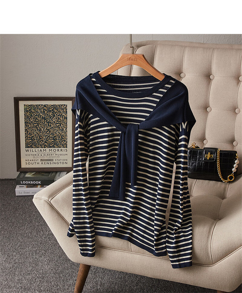 Dme [French Knit Sweater] Spring And Autumn Round Neck Double Curved Striped Contrasting Color Women's Knit Sweater, Off-White, XL 16