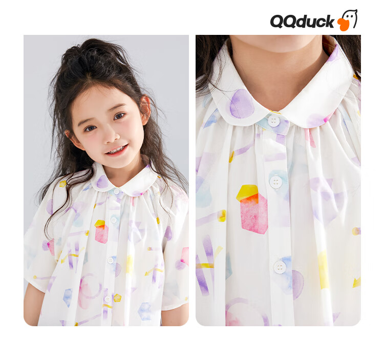 QQ DUCK Girls' Shirt Summer Children's Cute Lapel Short-Sleeve Youth Clothing Graffiti White; 140 10
