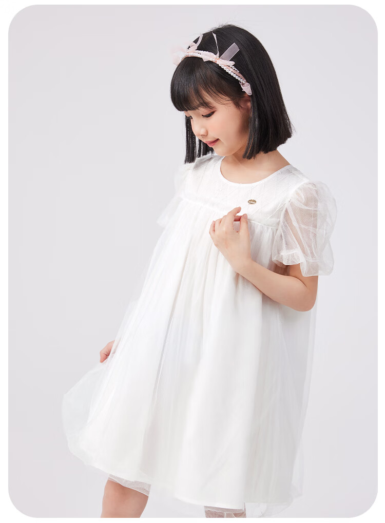 QQ DUCK Girls' Dress, Children's Summer Puff Sleeve Princess Tulle Skirt, Sweet Performance Gown for Teenagers, Purple 21