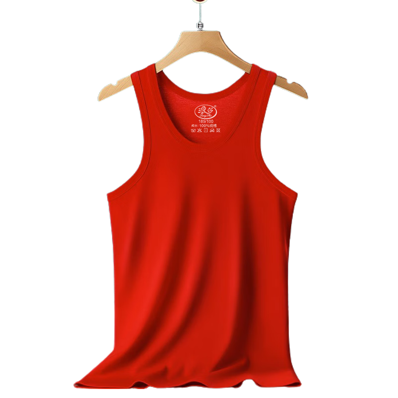 LangSha Red Lucky Year of The Horse Vest, Men's Pure Cotton Undershirt, Bright Red Wedding Festive Outfit