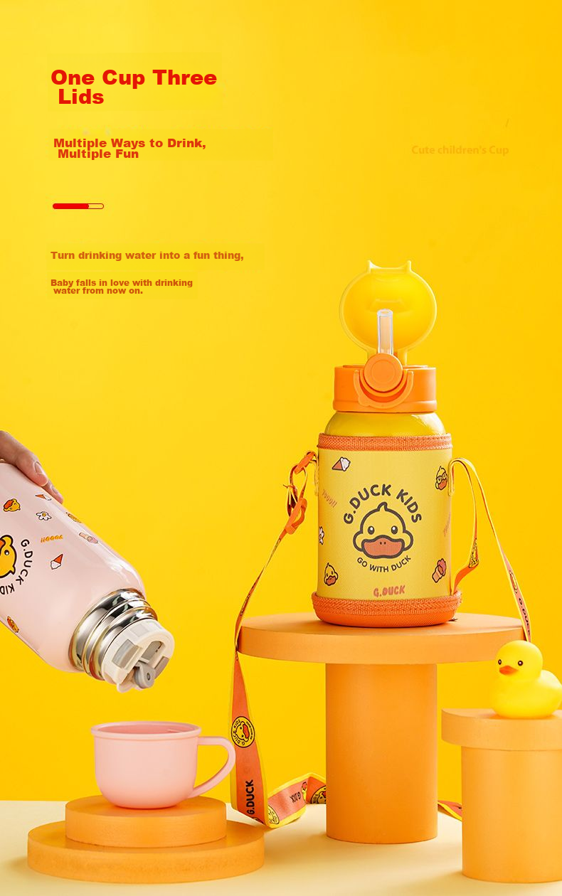 G.duck Children's Cartoon Insulated Water Bottle with Pop-Up Lid, 450ml, Stainless Steel Straw Cup with Pop-Up Lid - Pink 3