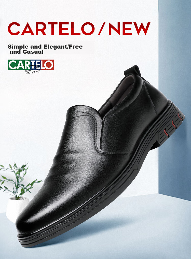 CARTELO British Business Casual Leather Shoes, Soft Sole, Breathable Upper, Slip-On Loafers, Men's Leather Shoes, 9899 Black, Size 40 1